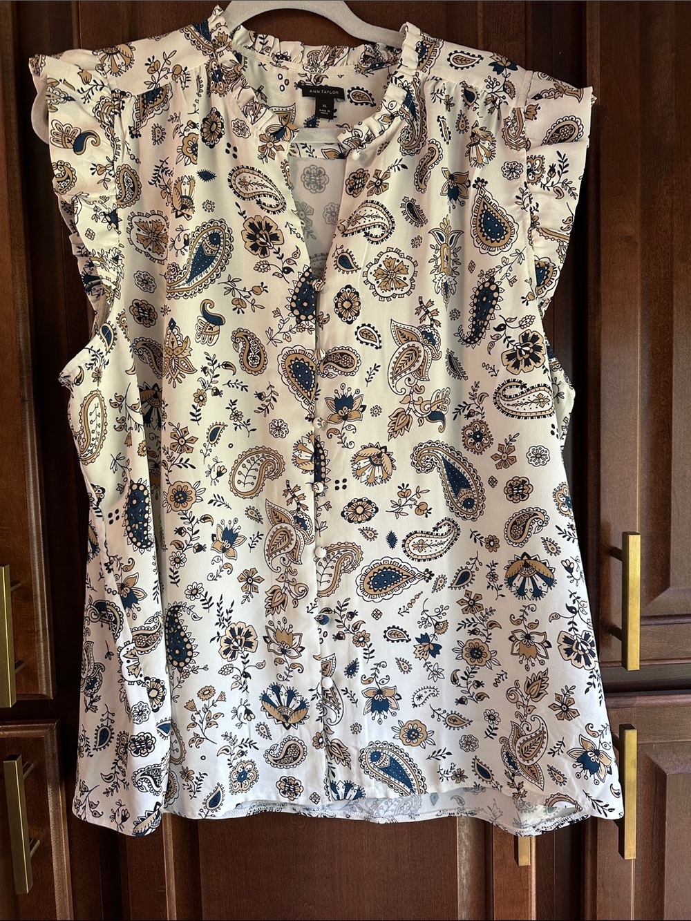 Ann Taylor Paisley Print Ruffle Cap-Sleeve Blouse - White, Navy & Tan